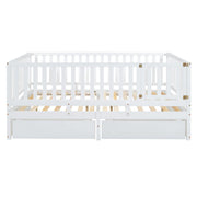 DreamHaus storage daybed with fence guardrails and two drawers, split into independent floor bed and daybed, showing versatile design.