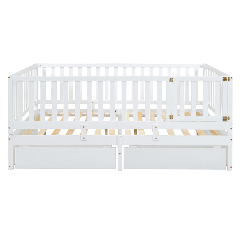 DreamHaus storage daybed with fence guardrails and two drawers, split into independent floor bed and daybed, showing versatile design.