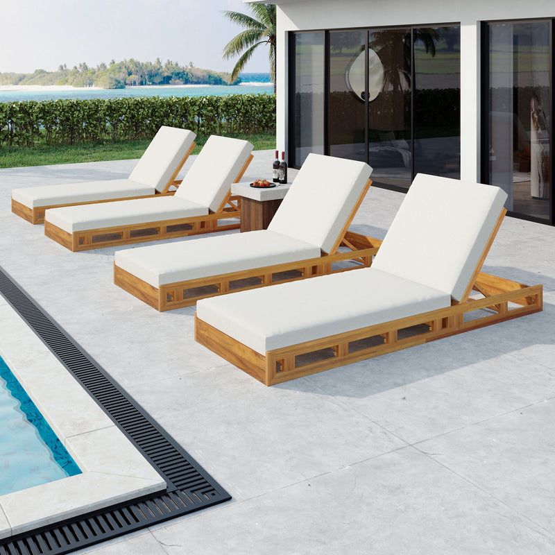 Premium Acacia Wood Lounge Chaise Set With Water Resistant Cushions, Adjustable Recline - Cream / Teak - R&R Furniture Gallery (Fountain Valley, CA)