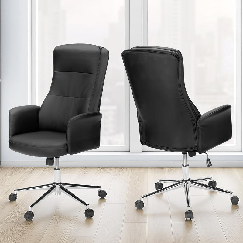 Black ergonomic office swivel chair with adjustable height and lumbar support, designed for comfort and productivity.