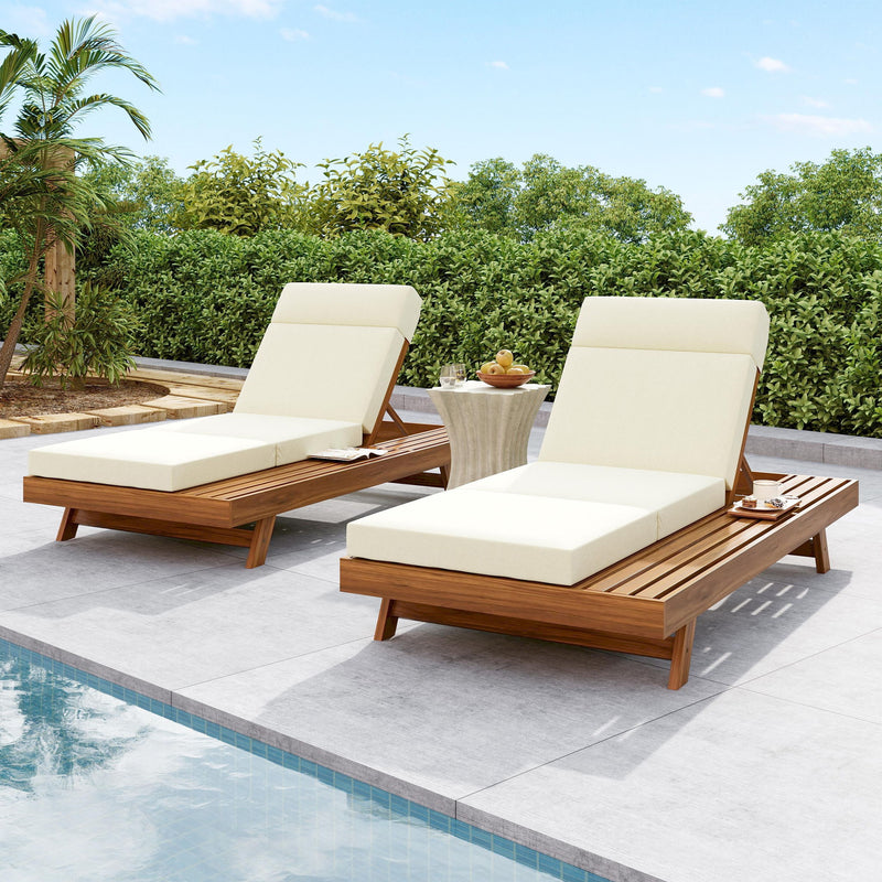 Acacia Wood Lounge Chaise Set With Headrest And Water Resistant Cushions - Beige - R&R Furniture Gallery (Fountain Valley, CA)