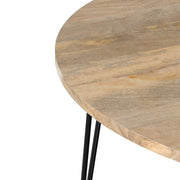Hunter round dining table by Simpli-Home with natural wood finish, showcasing a smooth circular tabletop and sturdy base.