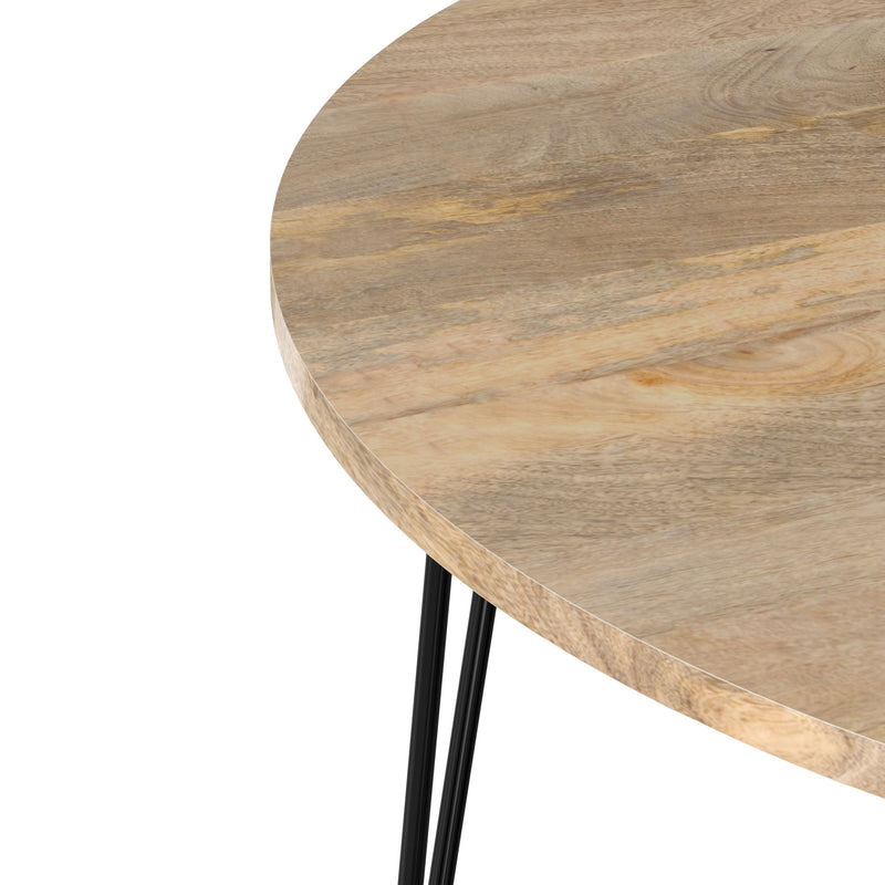 Hunter round dining table by Simpli-Home with natural wood finish, showcasing a smooth circular tabletop and sturdy base.