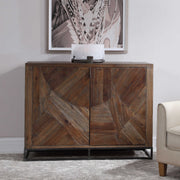 Dark brown reclaimed wood accent cabinet with two doors from Uttermost Evros collection, showcasing rustic design and natural grain details.