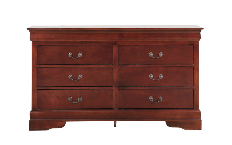 Louis Phillipe bedroom dresser by Glory Furniture featuring a sleek wooden design and multiple storage drawers.