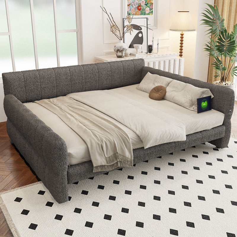Dreamland upholstered platform storage bed with built-in USB charging ports, featuring a modern design and fabric upholstery.