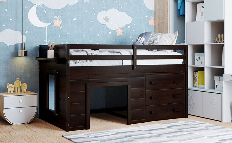DreamHaus loft bed featuring integrated cabinet and shelf, showcasing a modern wooden design with a built-in storage and workspace area.