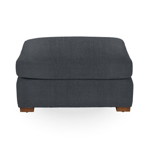 Classic Home Audrey upholstered ottoman with fabric cushioning and wooden legs, ideal as a footrest or extra seating.