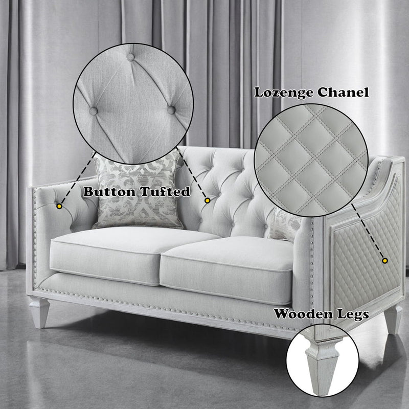 Katia - Loveseat With 2 Pillows - Light Gray Linen & Weathered White - R&R Furniture Gallery (Fountain Valley, CA)