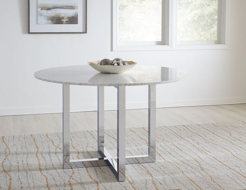 Modus Amalfi 48-inch round dining table with Carrara marble top and chrome base, showcasing a modern composite design.