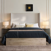 Shelton - Queen Upholstered Wingback Bed With 54" High Headboard - Ivory / Light Gray / Camel Oak - R&R Furniture Gallery (Fountain Valley, CA)