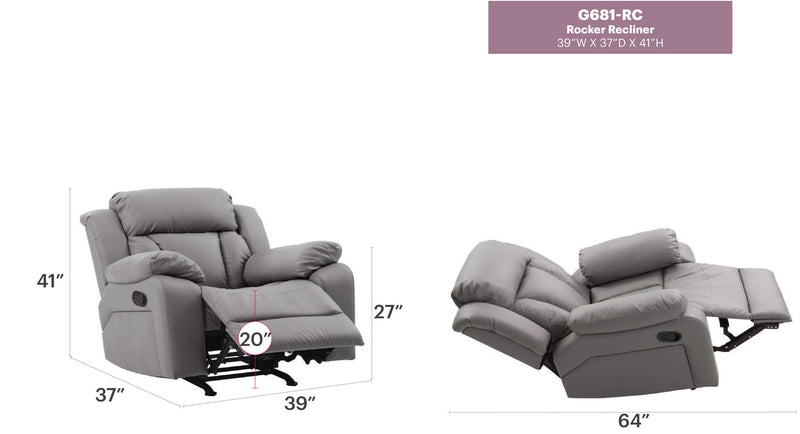 Glory Furniture comfortable rocking motion recliner in soft fabric with plush cushioning and wooden base.