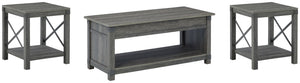 Signature Design by Ashley Freedan 3-piece table set with grayish brown coffee table and two end tables, modern wood finish.