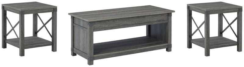 Signature Design by Ashley Freedan 3-piece table set with grayish brown coffee table and two end tables, modern wood finish.