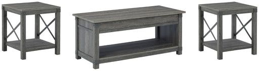 Signature Design by Ashley Freedan 3-piece table set with grayish brown coffee table and two end tables, modern wood finish.
