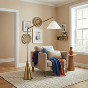 Lisbon - Floor Lamp With On / Off Switch Coned Base Hanging Shade - Antique Brass / White - R&R Furniture Gallery (Fountain Valley, CA)