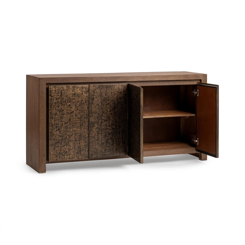 Classic Home Glendale 4-door buffet in toasted chestnut finish, showcasing spacious storage with sleek wood design and modern handles.