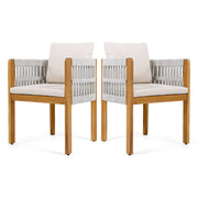 Set of two Noble House outdoor dining chairs with woven rope handles, featuring sturdy frames and comfortable seating for outdoor dining.