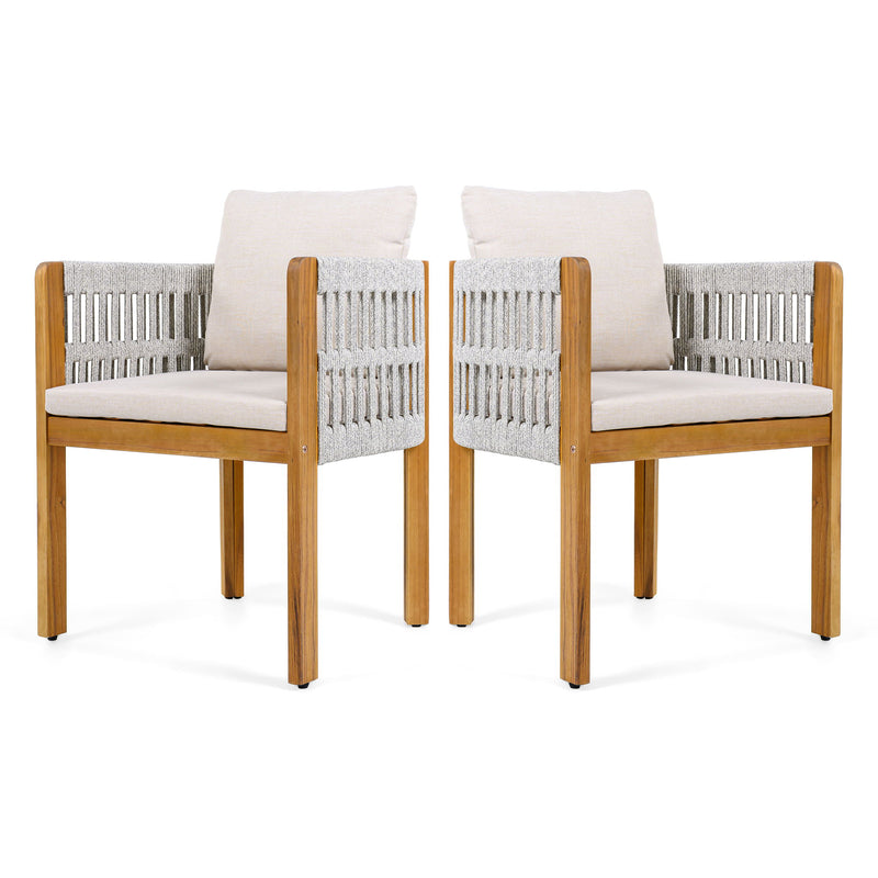 Set of two Noble House outdoor dining chairs with woven rope handles, featuring sturdy frames and comfortable seating for outdoor dining.