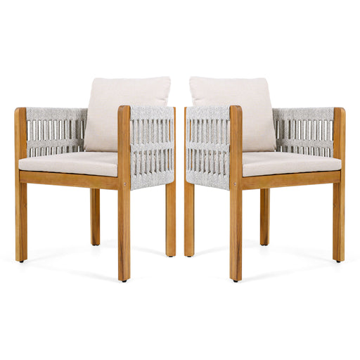 Set of two Noble House outdoor dining chairs with woven rope handles, featuring sturdy frames and comfortable seating for outdoor dining.