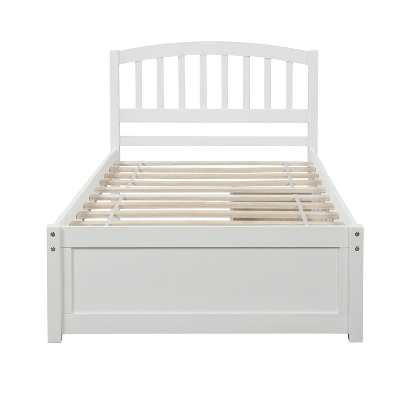 DreamHaus platform storage bed with wood frame, two drawers, and a headboard, offering stylish and functional bedroom storage.