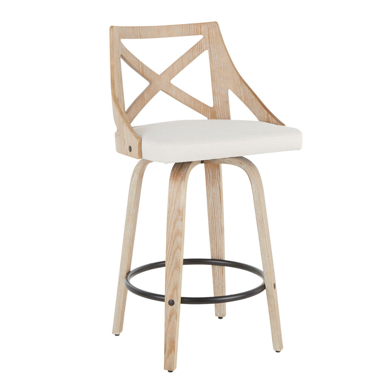 Set of two Lumi Source Charlotte farmhouse counter stools with swivel, white washed and cream finish, fixed height design.
