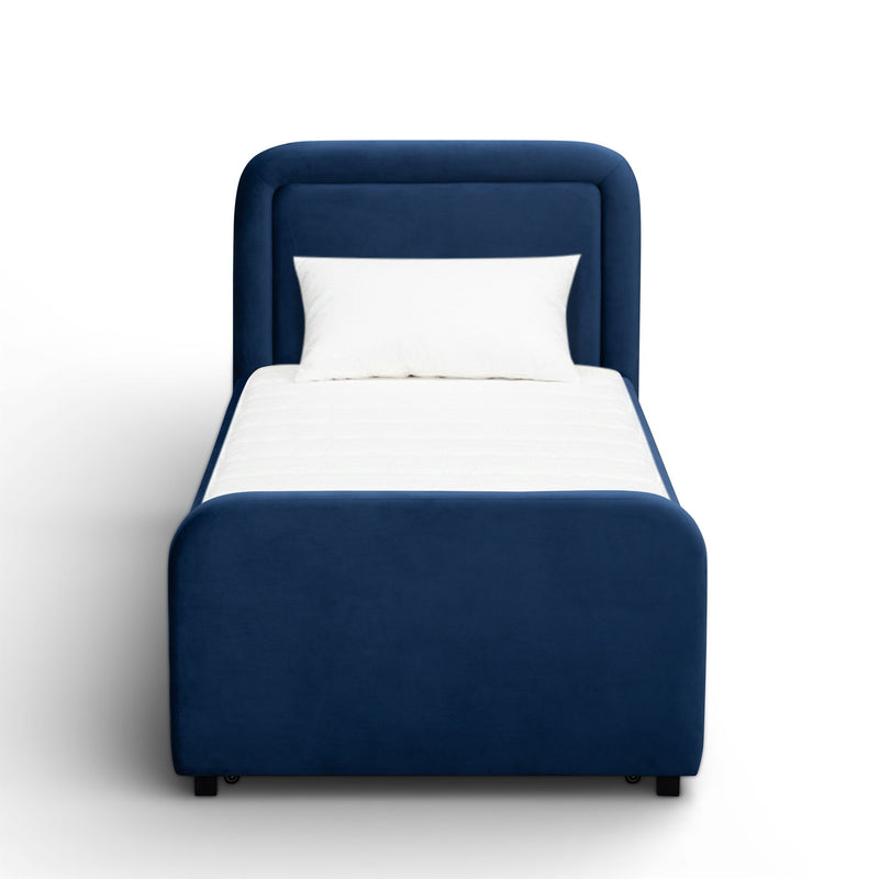 TOV Furniture Briella trundle bed with wooden frame and pull-out bed, ideal for space-saving guest or kids' bedroom.