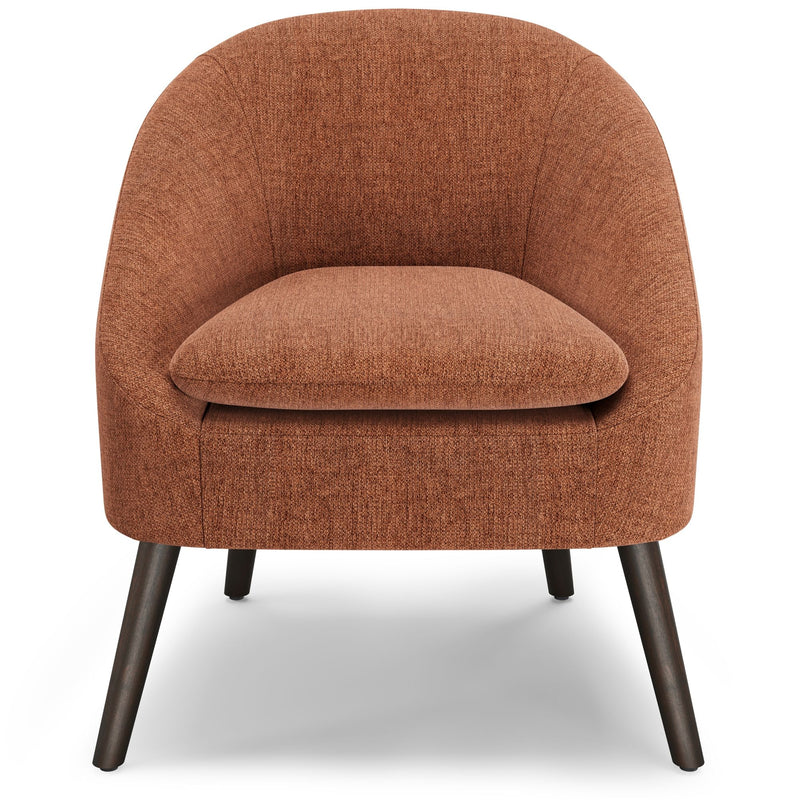 Simpli-Home Redding upholstered accent chair with plush fabric and wooden legs, stylishly designed for modern living spaces.