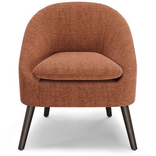 Simpli-Home Redding upholstered accent chair with plush fabric and wooden legs, stylishly designed for modern living spaces.