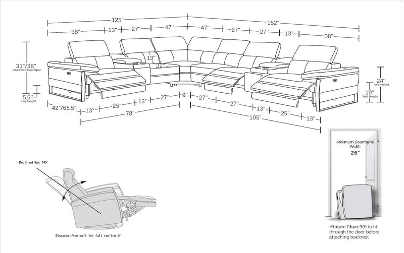 1246 - 8-Piece L-Shaped Modular Power Reclining Sectional With 3 Power Recliners And Power Headrests