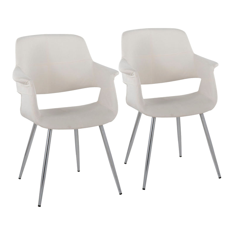 Pair of vintage flair Art Deco accent chairs with chrome legs, upholstered in yellow, black, blue, or cream fabric by Lumi Source.