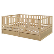 DreamHaus storage daybed with fence guardrails, two drawers, split into floor bed and daybed, shown with clean, modern design.