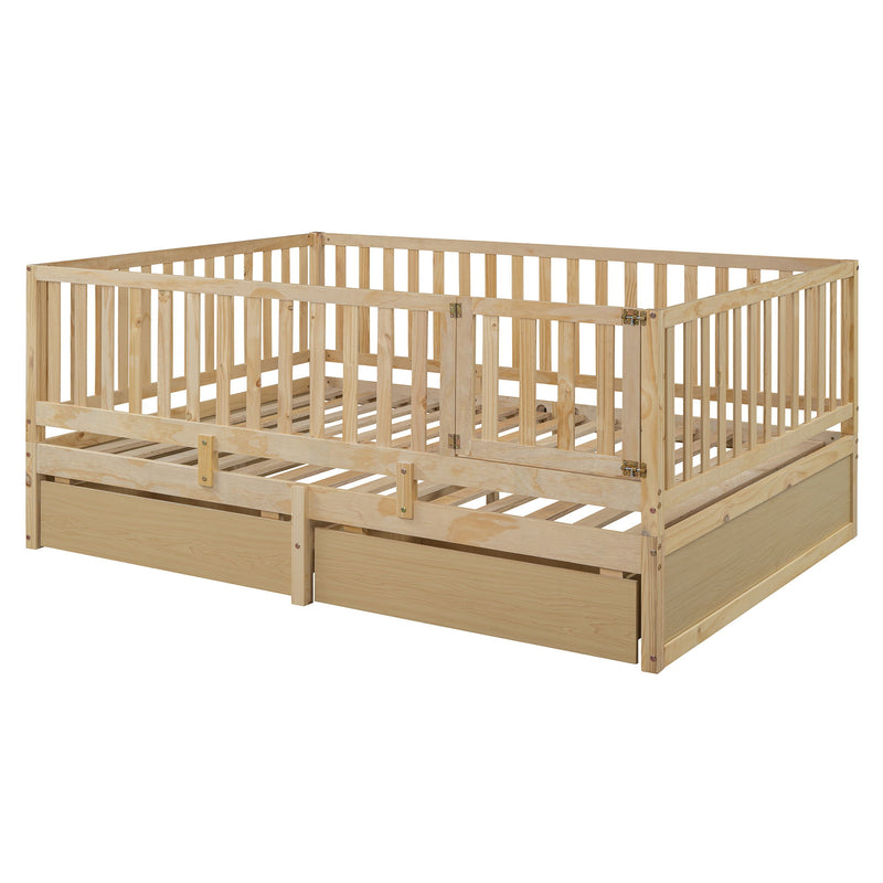 DreamHaus storage daybed with fence guardrails, two drawers, split into floor bed and daybed, shown with clean, modern design.
