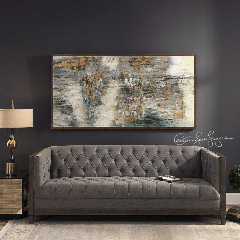 Uttermost beige canvas art titled "Behind The Falls," featuring abstract waterfall design on a neutral background.