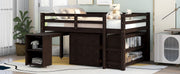 DreamHaus loft low study bed with built-in cabinet, shelves, and rolling portable desk for versatile space-saving functionality.