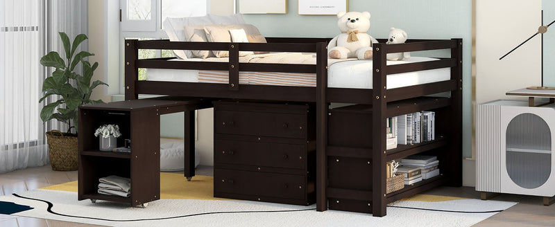 DreamHaus loft low study bed with built-in cabinet, shelves, and rolling portable desk for versatile space-saving functionality.