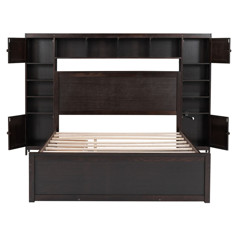 DreamHaus cabinet bed with integrated shelf, sockets, twin long trundle, showcasing the sleek design and functional storage features.