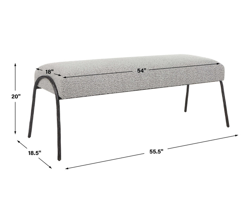 Uttermost Jacobsen modern gray upholstered bench with sleek design and padded seat, ideal for entryways or living room decor.