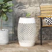 Noble House Roswell outdoor side table with mosaic tile top, featuring a sturdy metal frame and colorful tiled surface.