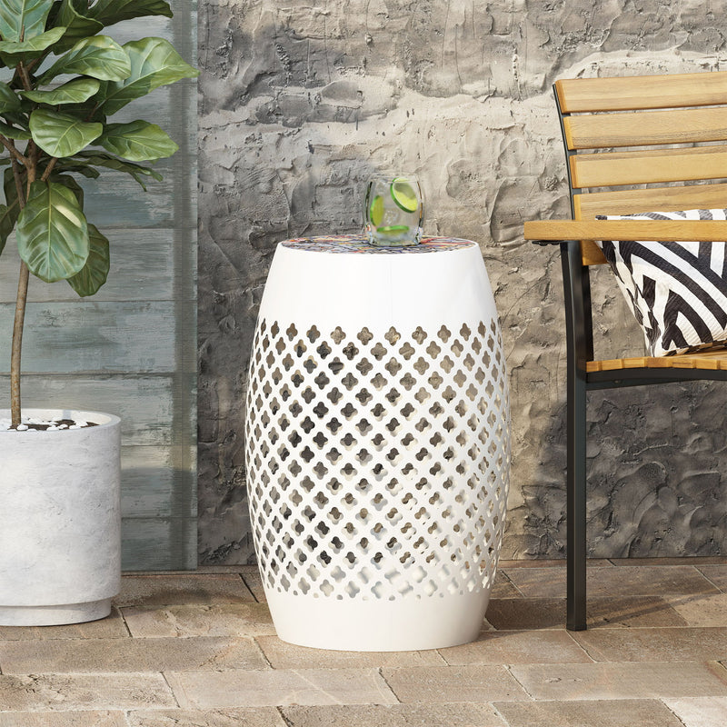 Noble House Roswell outdoor side table with mosaic tile top, featuring a sturdy metal frame and colorful tiled surface.