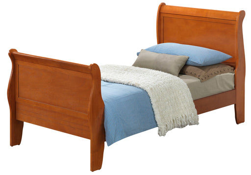 Louis Phillipe panel sleigh bed by Glory Furniture featuring a classic wood design with curved headboard and footboard.