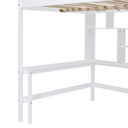 DreamHaus loft bed with integrated bookshelf, drawers, desk, and wardrobe in a modern bedroom setting.