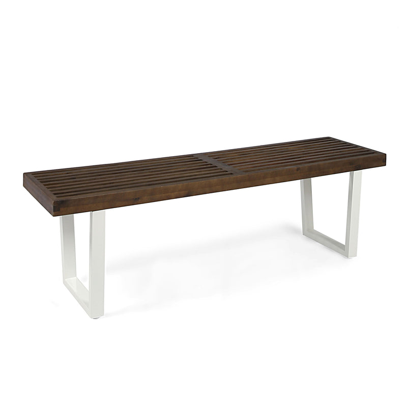 Noble House Intrinsic outdoor dining bench with slat top, sturdy wooden bench for patio or garden seating.