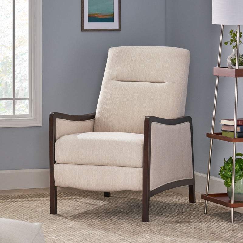 Noble House Drury contemporary fabric upholstered pushback recliner with padded armrests and plush cushioning, in a modern design.