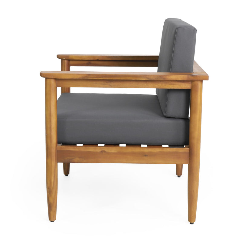 Dark gray outdoor club arm chair with teak acacia wood frame, ideal for patio seating by Noble House.