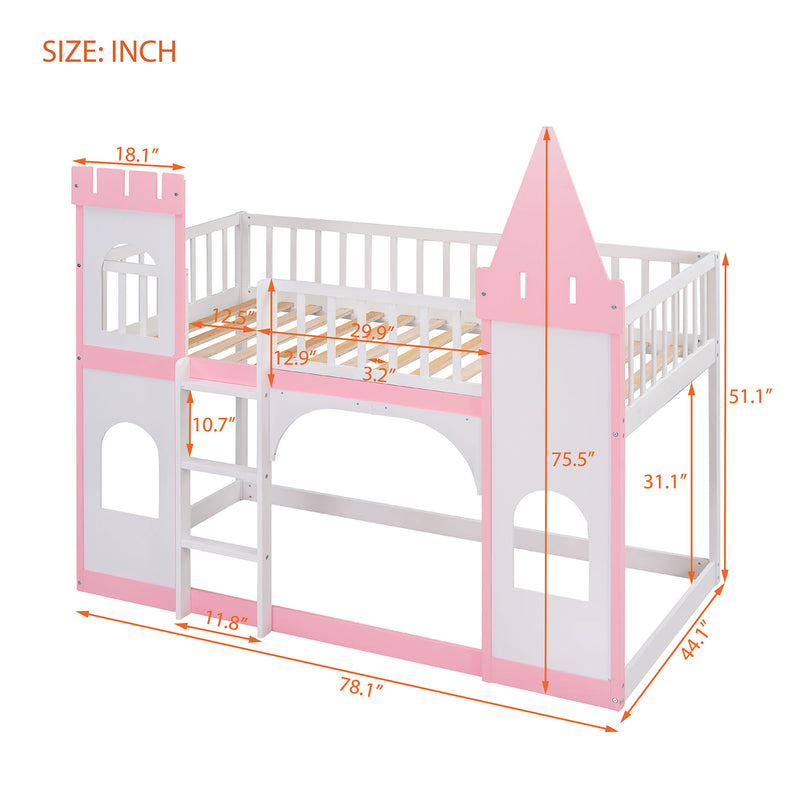 Twin Over Twin Castle Bunk Bed With Ladder - Pink - R&R Furniture Gallery (Fountain Valley, CA)