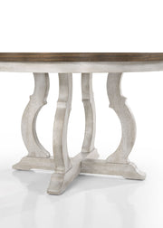 Vintage Walnut Havanna 5-piece dining table set with wide round table and off-white chairs by Lilola Home.