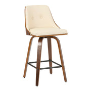 Set of two Lumi Source Gianna mid-century modern counter stools with wooden legs and upholstered seats, stylishly arranged.
