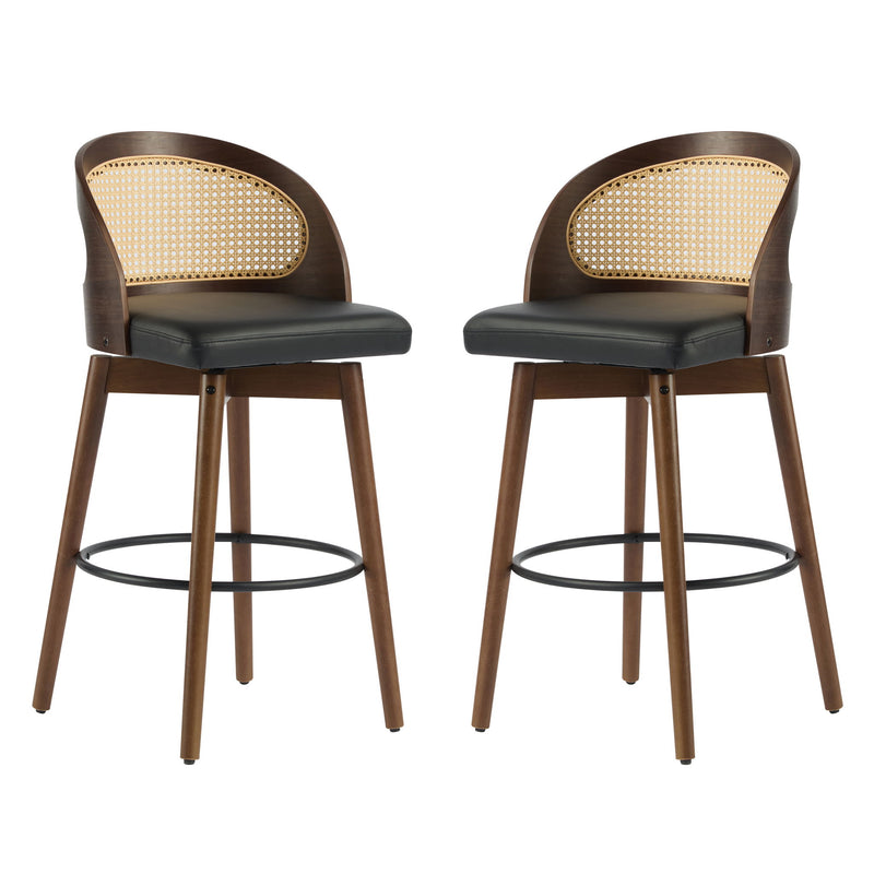 Pair of Noble House Como indoor wood barstools with sleek design and natural wood finish, perfect for modern kitchen or bar area.