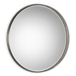 Uttermost Stefania beaded round wall mirror with pearl silver frame, decorative and elegant home decor accessory.